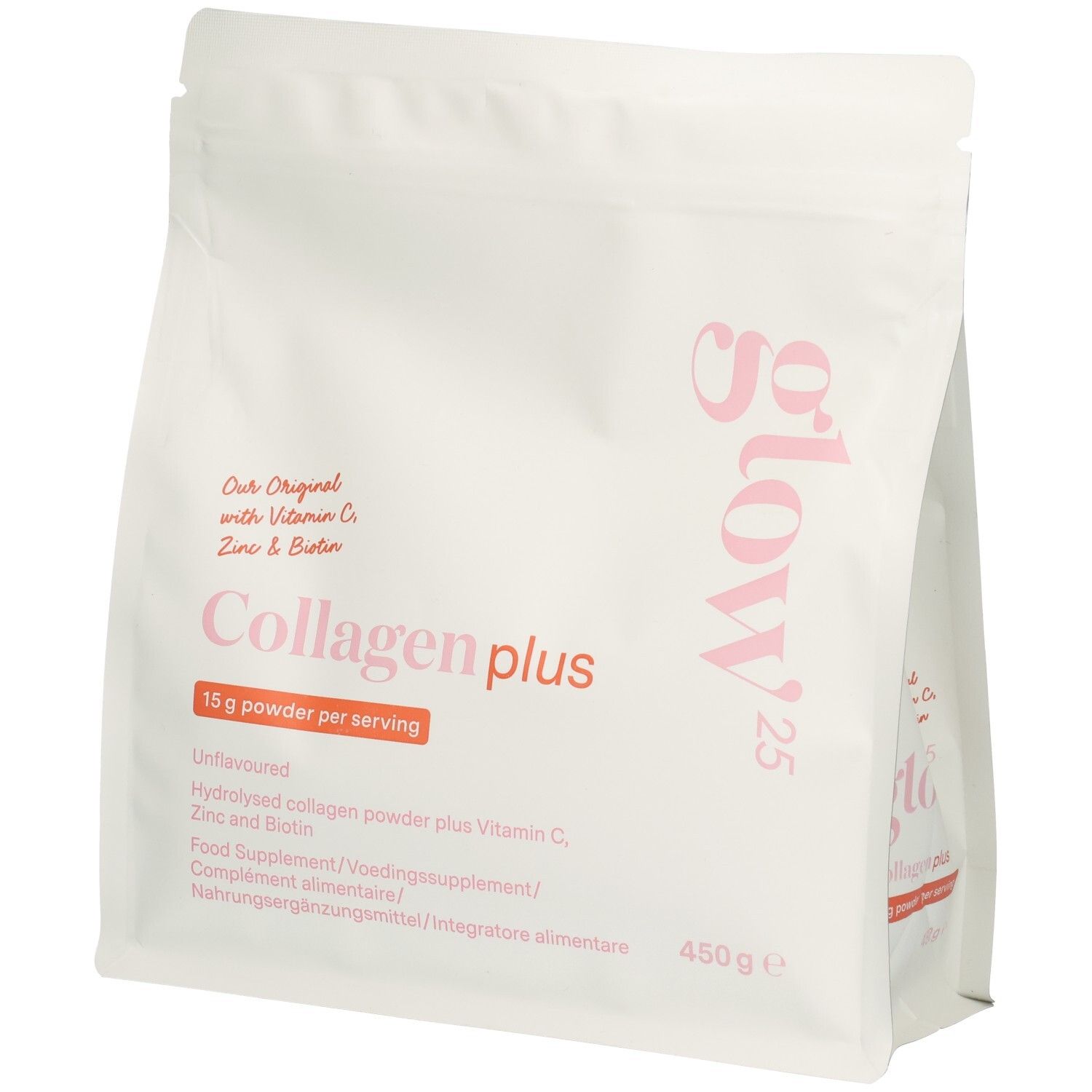 Glow25 Kollagen Plus Pulver in weißer Standbodenbeutel-Verpackung. Enthält 450g.