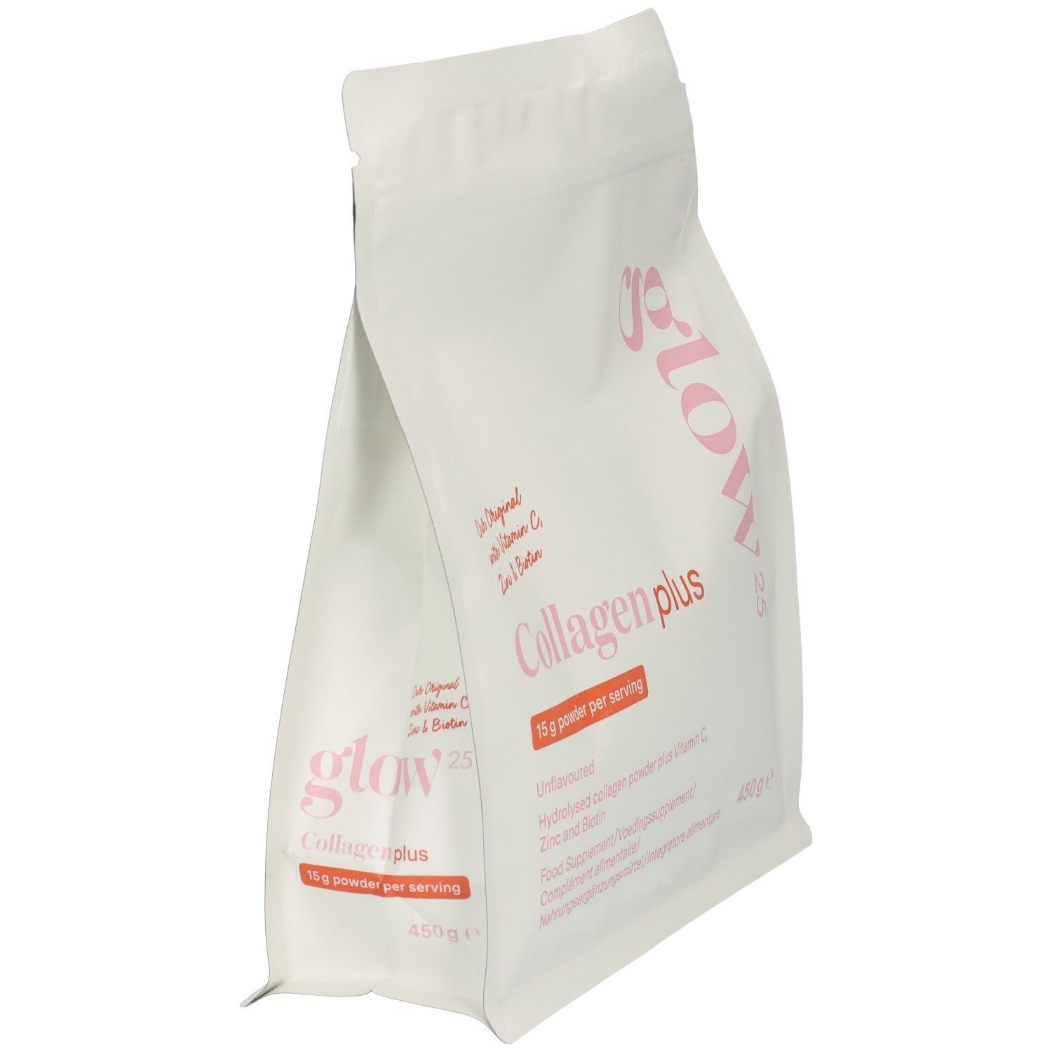 Glow25 Kollagen Plus Pulver, Seitenansicht der weißen Standbodenbeutel-Verpackung. Enthält 450g.