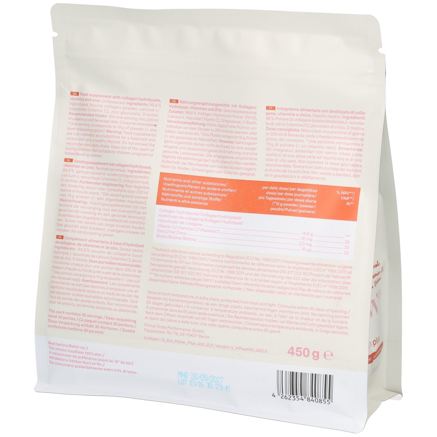 Rückseite der Glow25 Kollagen Plus Pulververpackung mit Nährwertangaben und Produktinformationen.