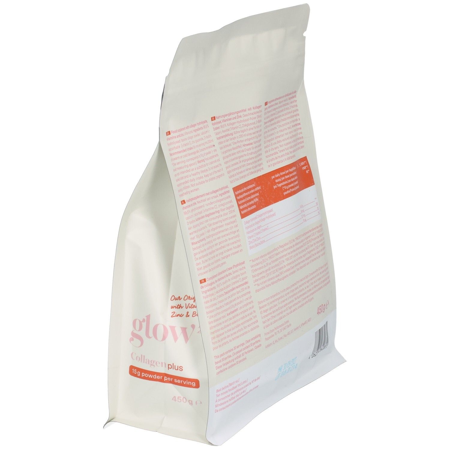 Glow25 Kollagen Plus Pulver, schräge Seitenansicht der weißen Standbodenbeutel-Verpackung. Enthält 450g.