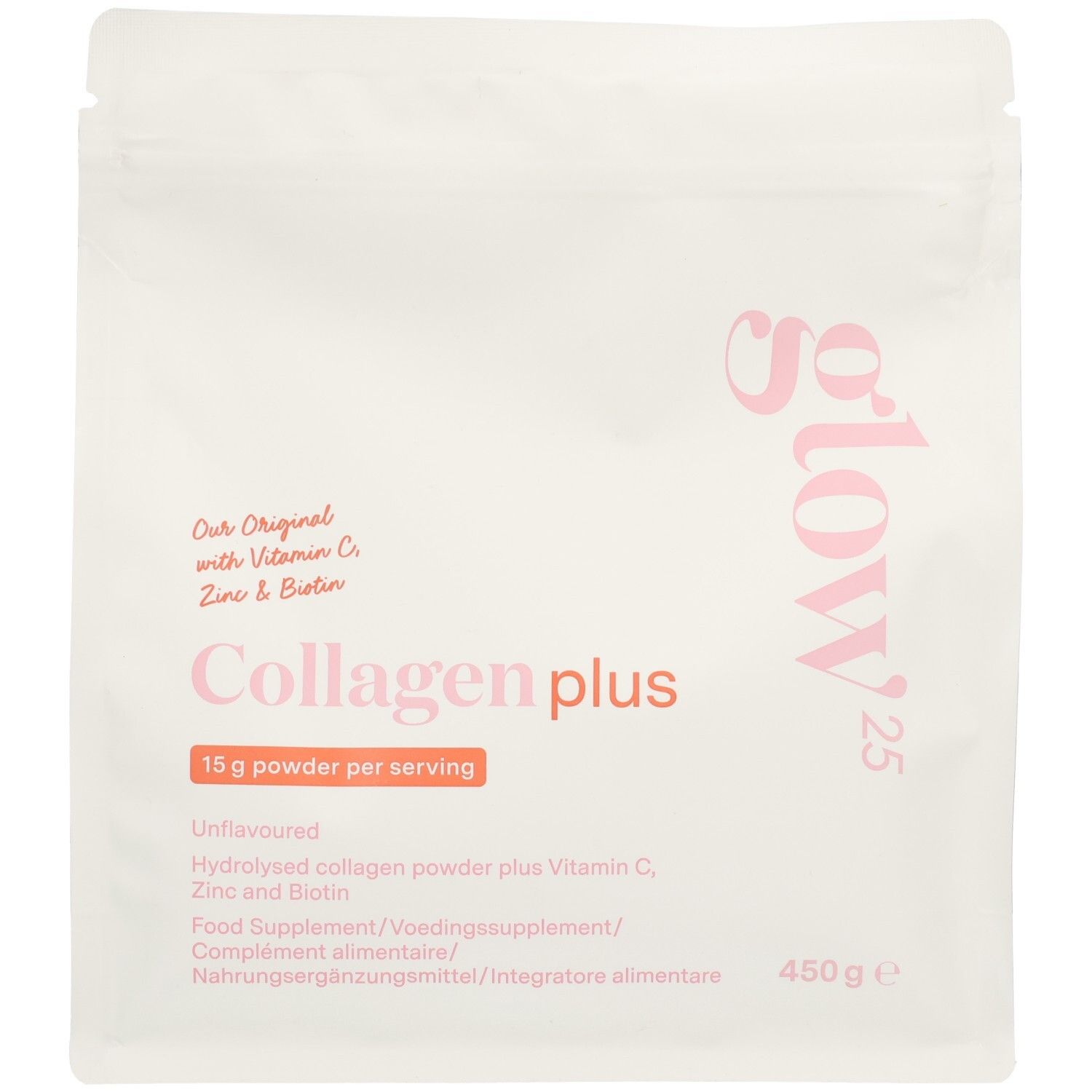 Glow25 Kollagen Plus Pulver in weißer Standbodenbeutel-Verpackung. Enthält 450g.