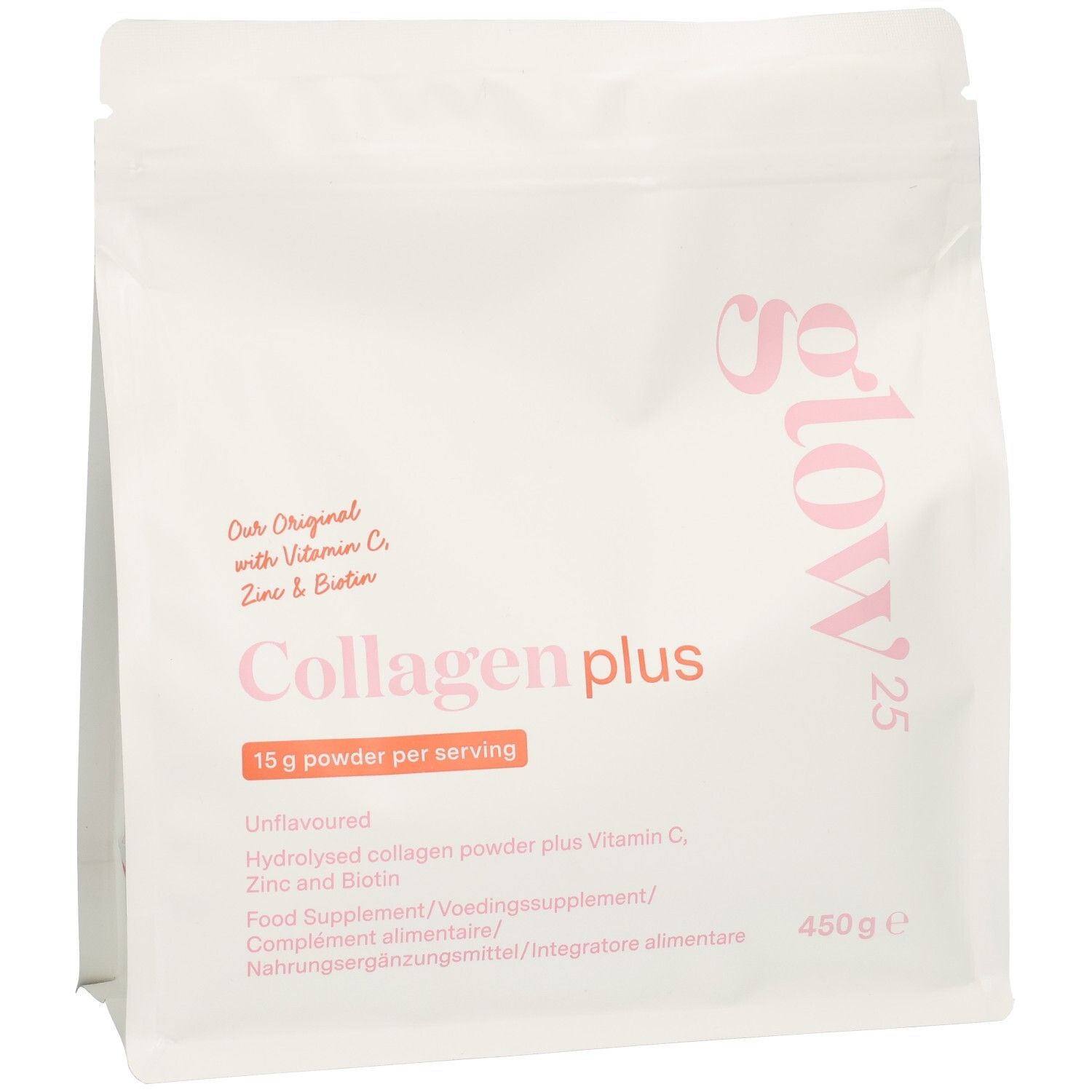 Glow25 Kollagen Plus Pulver in weißer Standbodenbeutel-Verpackung. Enthält 450g.