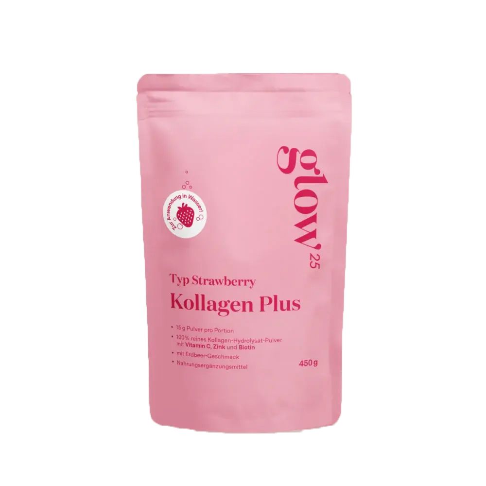 Un paquet de poudre Glow25 Kollagen Plus Type Fraise, 450g.
