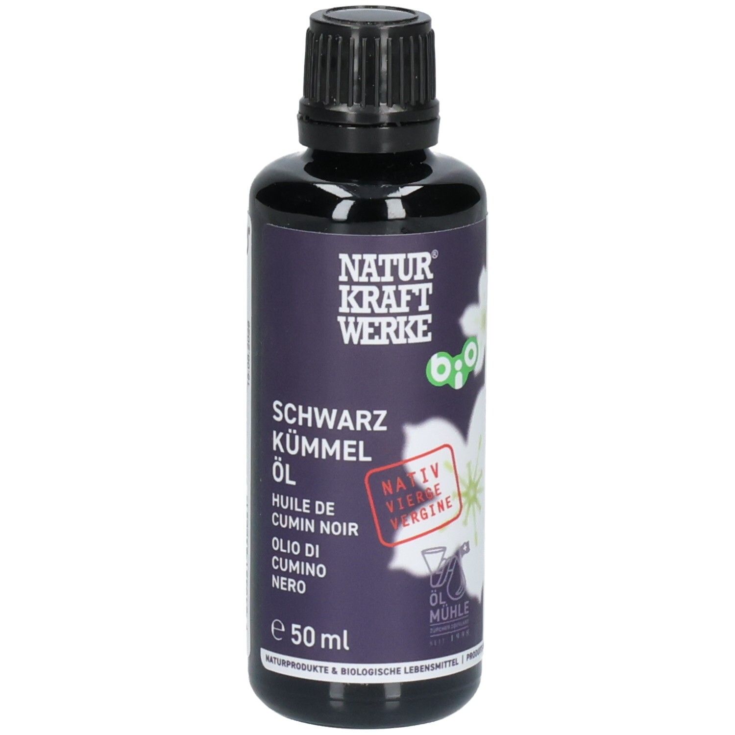 Huile de cumin noir dans une bouteille foncée de 50ml avec bouchon noir. Étiquette violette avec écriture blanche et fleur.
