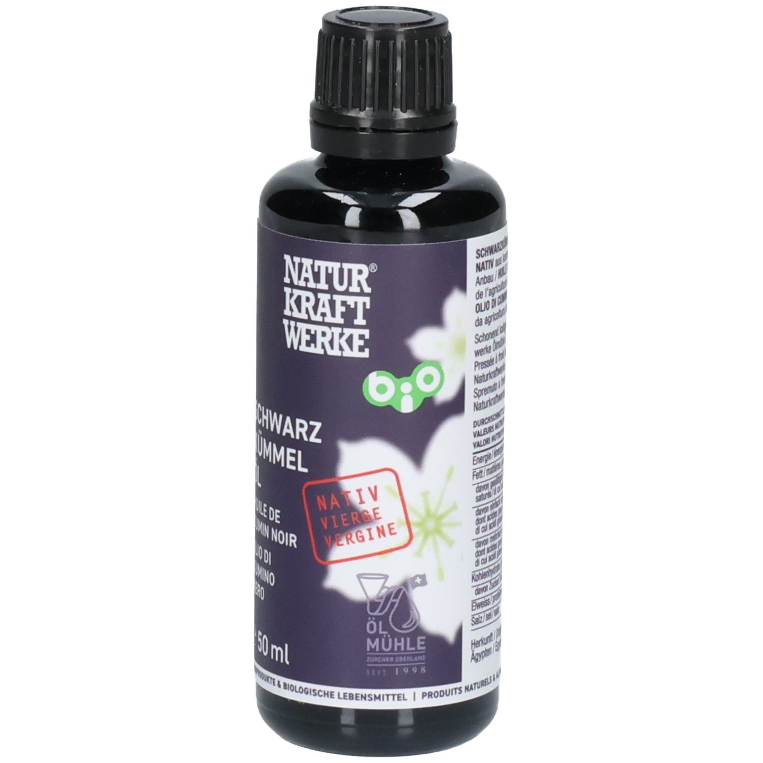 Huile de cumin noir dans une bouteille foncée de 50ml. Étiquette violette avec écriture blanche, fleur et sceau rouge 'Nativ vierge'.