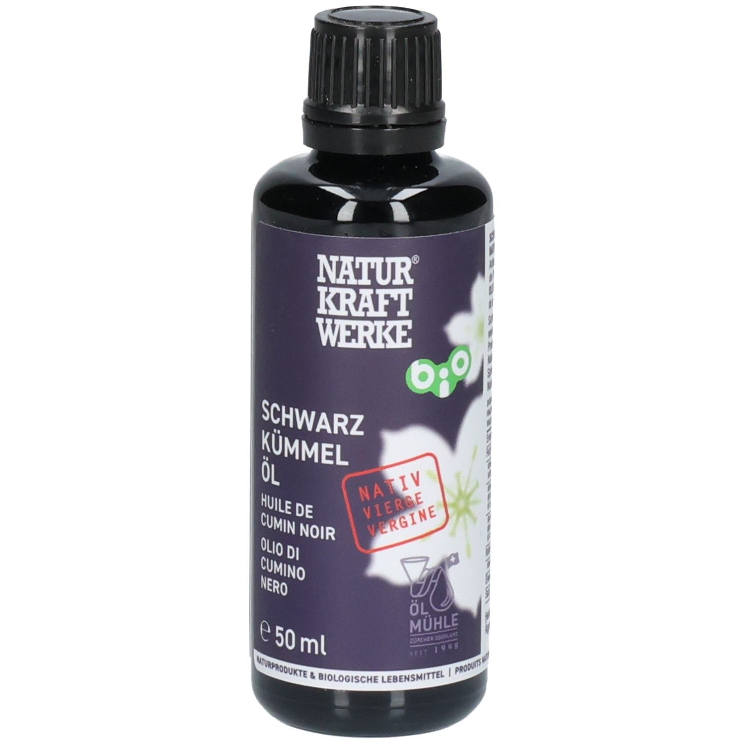 Huile de cumin noir dans une bouteille foncée de 50ml. Étiquette violette avec écriture blanche, fleur et sceau rouge 'Nativ vierge'.