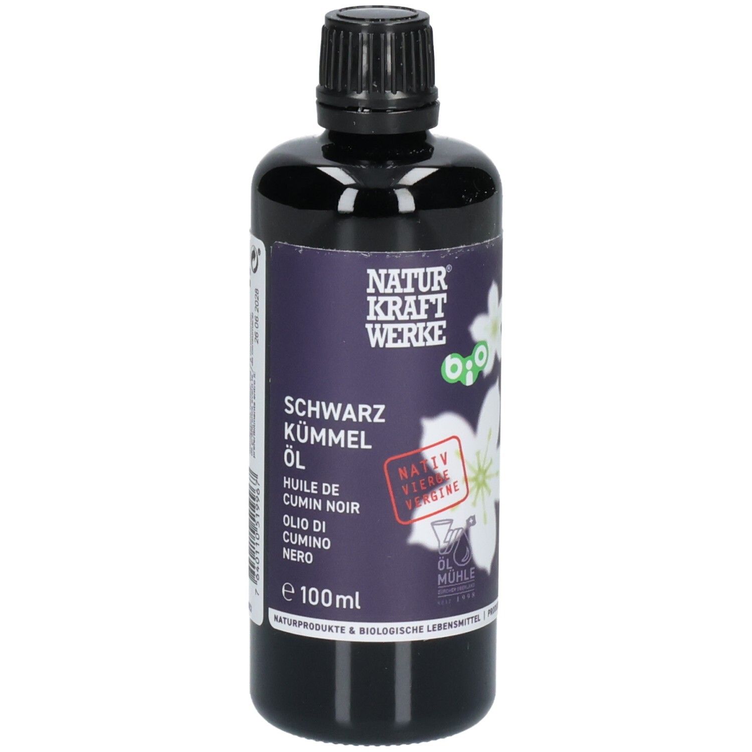 Huile de cumin noir dans une bouteille noire avec étiquette, 100ml.