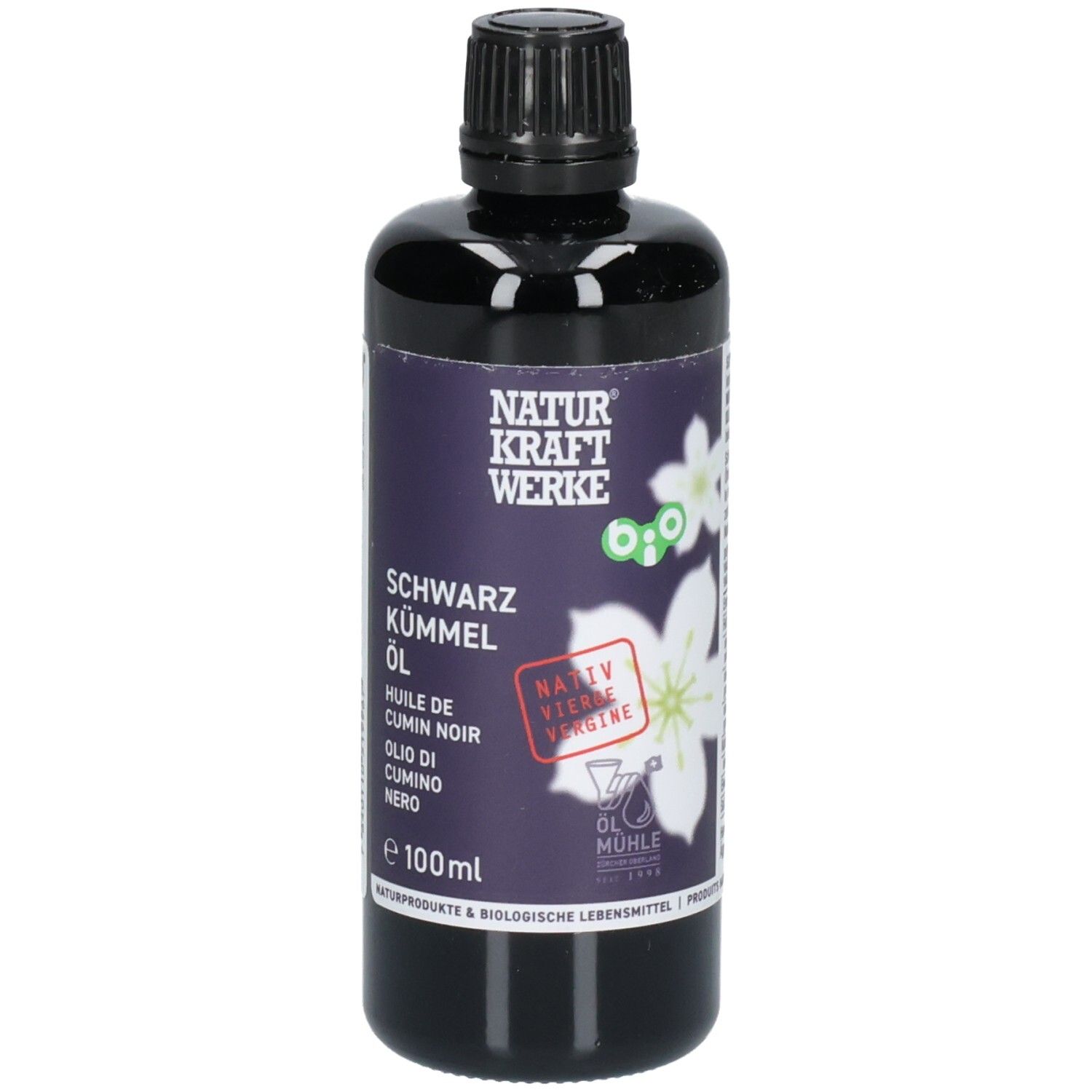 Huile de cumin noir dans une bouteille noire avec étiquette, 100ml.
