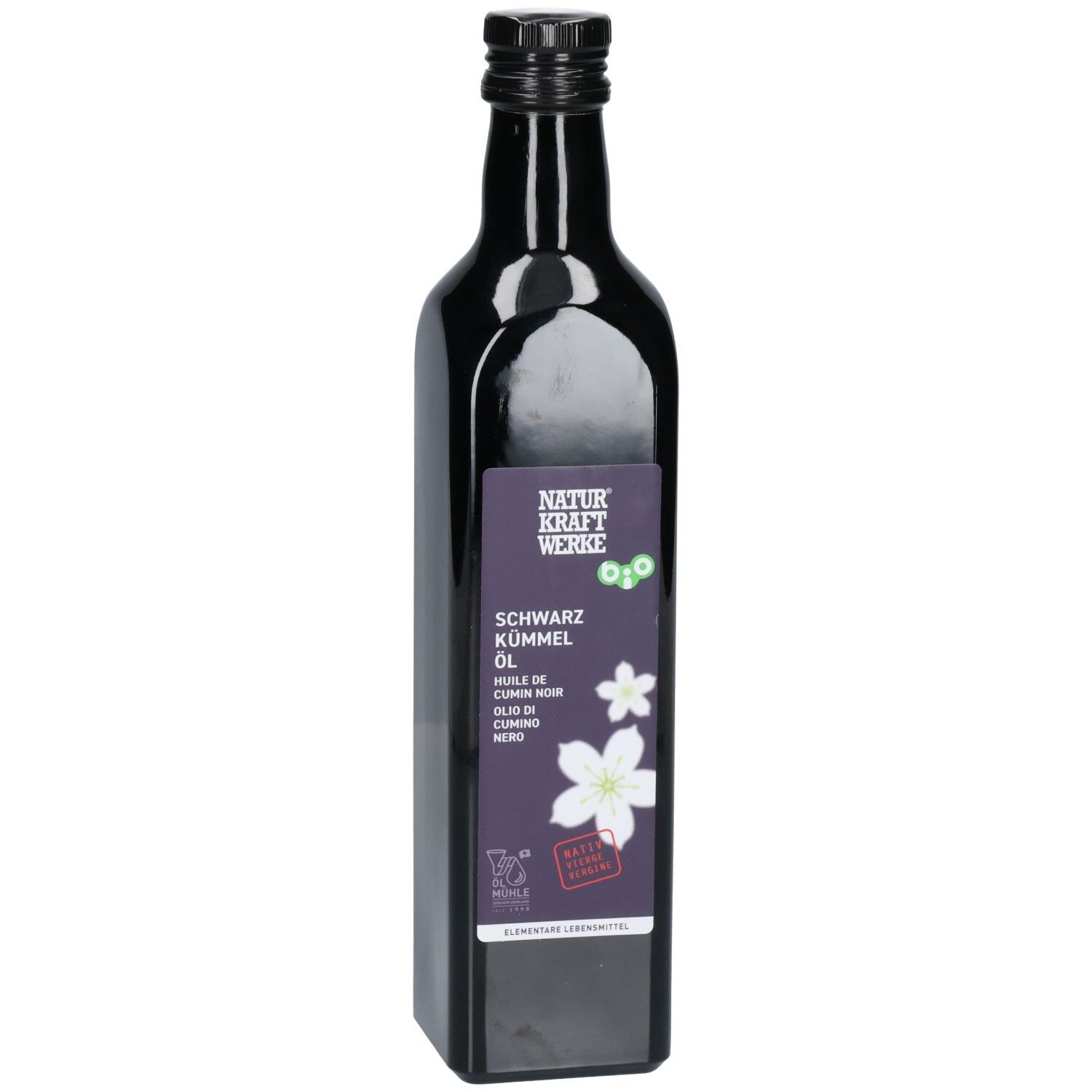 Huile de cumin noir dans une bouteille en verre sombre avec étiquette Naturkraft Werke, 500ml.