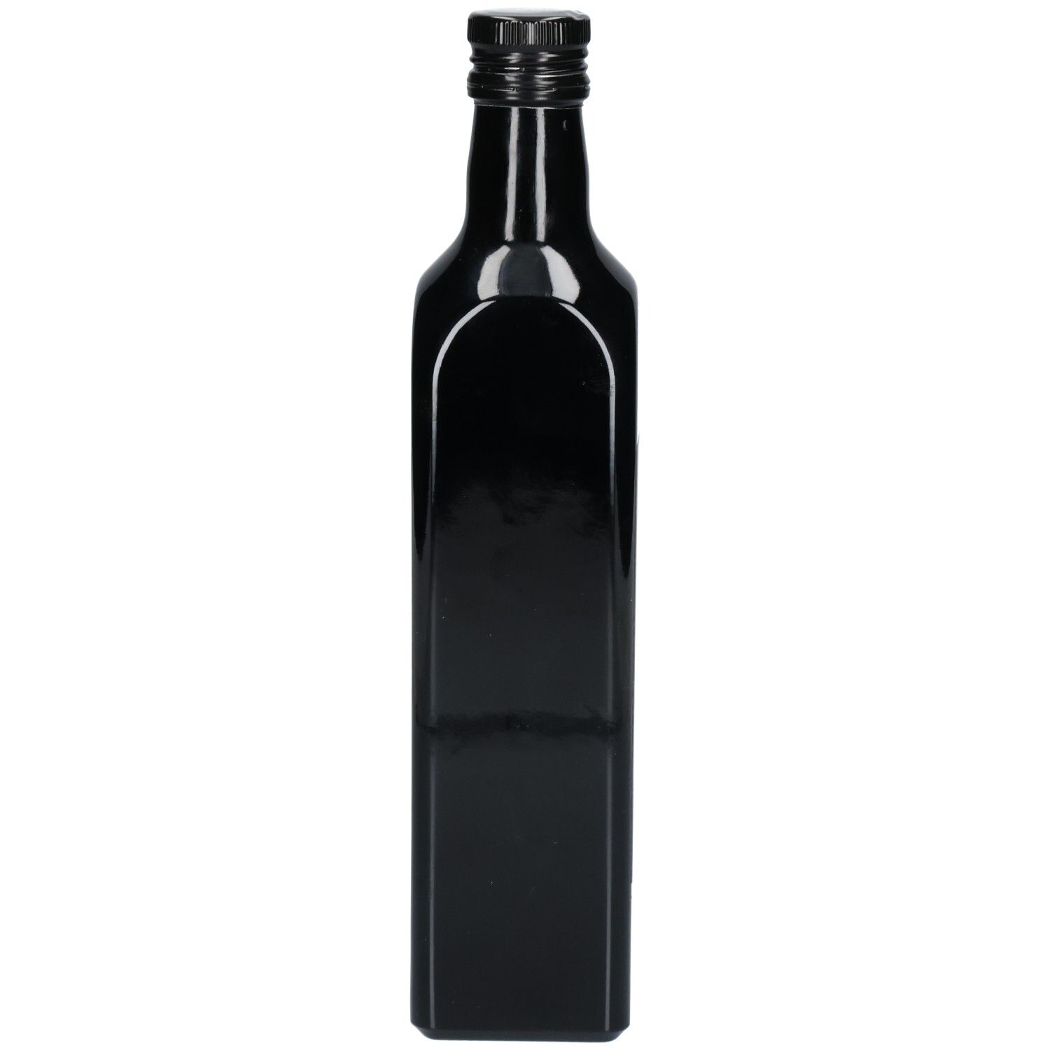 Bouteille en verre sombre et rectangulaire pour huile de cumin noir, vide.