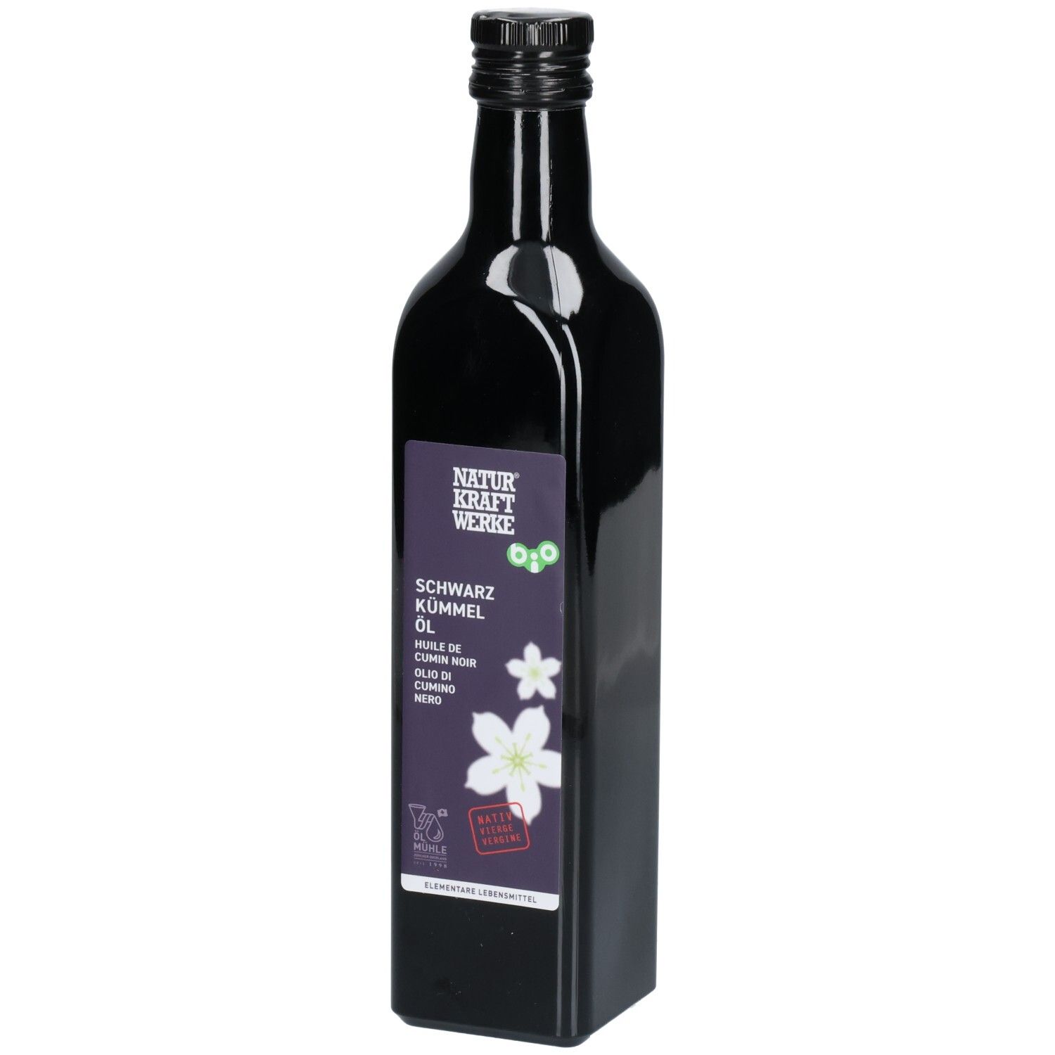 Huile de cumin noir dans une bouteille en verre sombre avec étiquette Naturkraft Werke, 500ml.