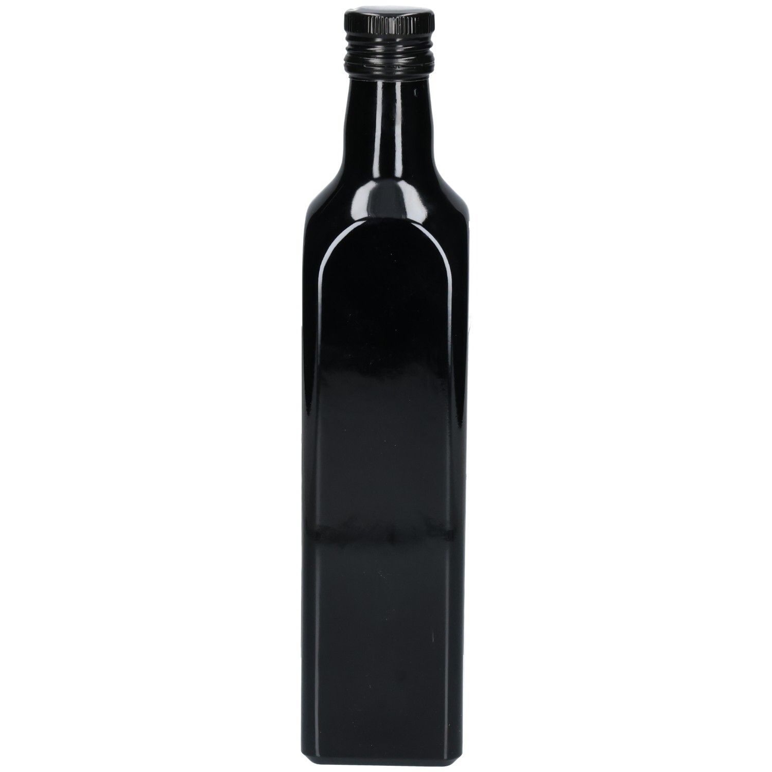 Bouteille en verre sombre et rectangulaire pour huile de cumin noir, vide.