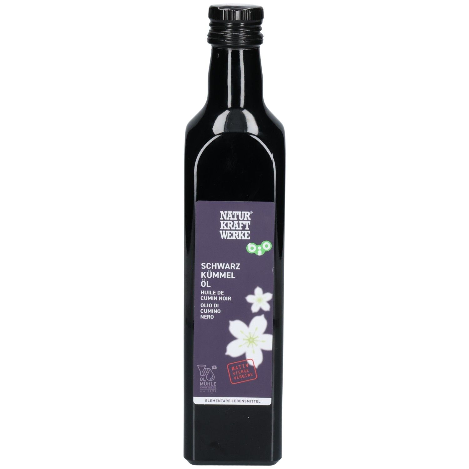 Huile de cumin noir dans une bouteille en verre sombre avec étiquette Naturkraft Werke, 500ml.