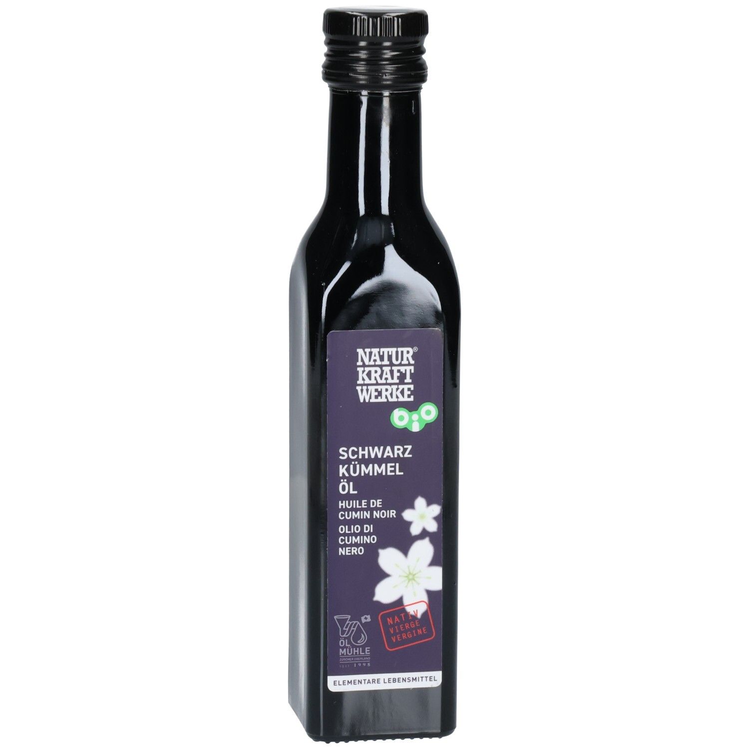 Bouteille en verre brun foncé avec bouchon à vis noir. Étiquette violette avec inscription blanche.