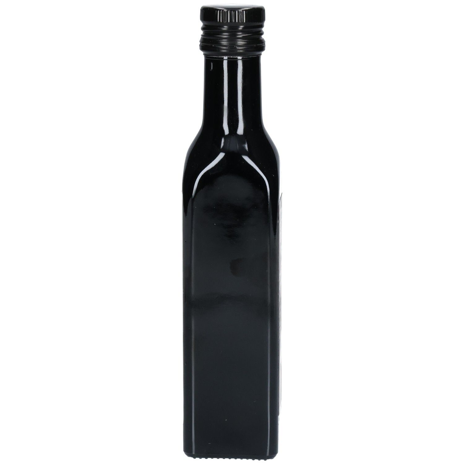 Bouteille en verre brun foncé avec bouchon à vis noir, vue de côté.
