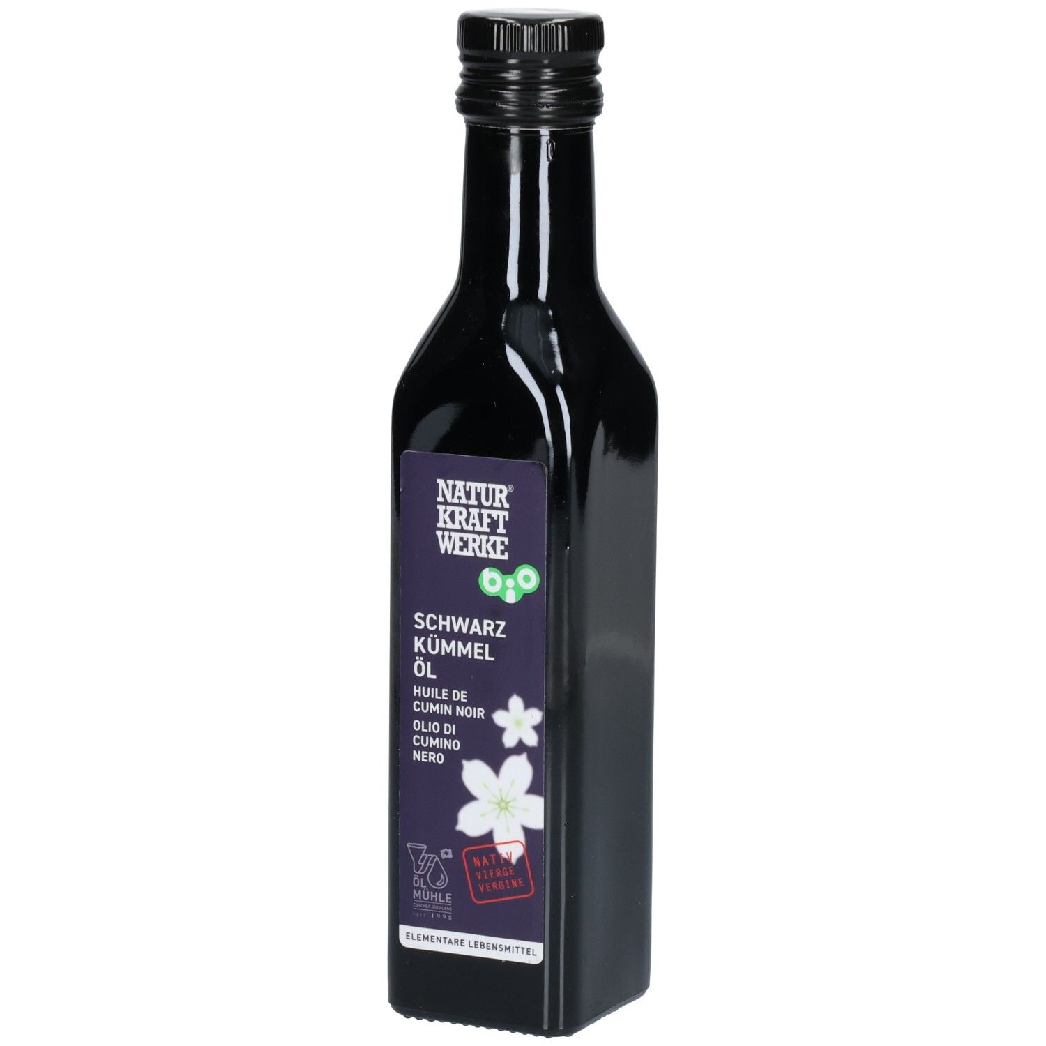 Bouteille en verre brun foncé avec bouchon à vis noir. Étiquette violette avec inscription blanche.