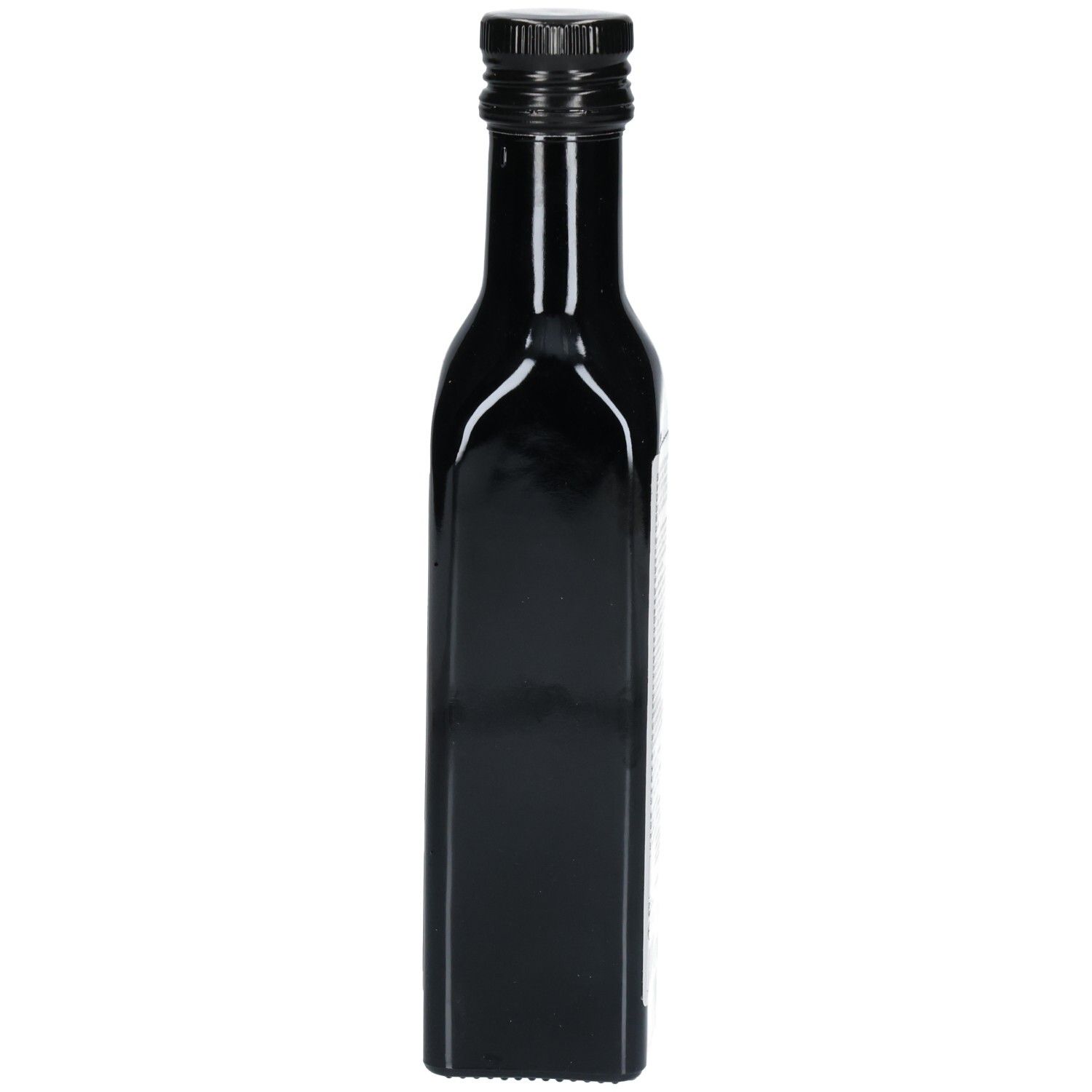 Bouteille en verre brun foncé avec bouchon à vis noir, vue de côté.