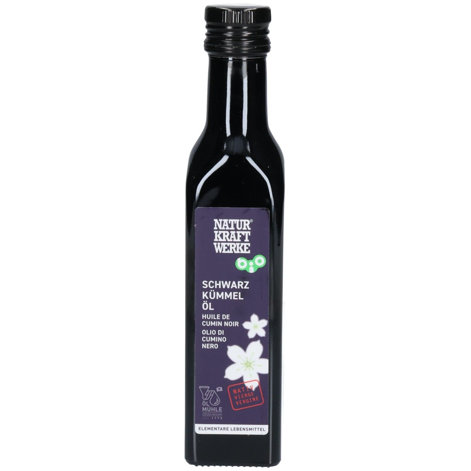 Bouteille en verre brun foncé avec bouchon à vis noir. Étiquette violette avec inscription blanche.