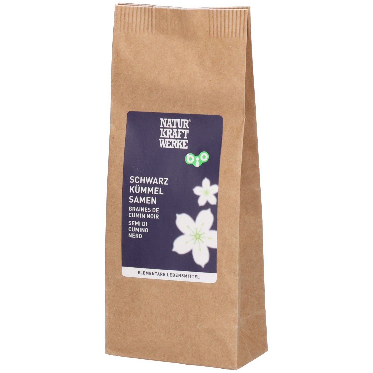 Braune Papiertüte mit schwarzem Kümmelsamen, Demeter-zertifiziert.