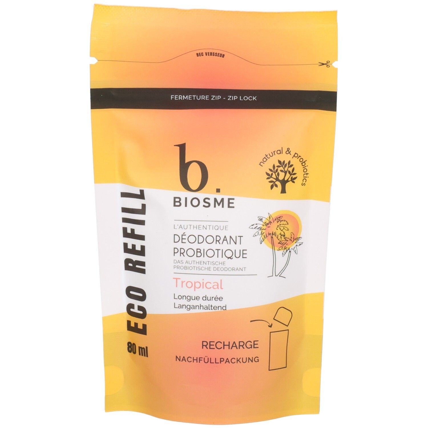 Biosme Eco Refill Tropical, 80 ml Nachfüllpackung für probiotisches Deodorant.