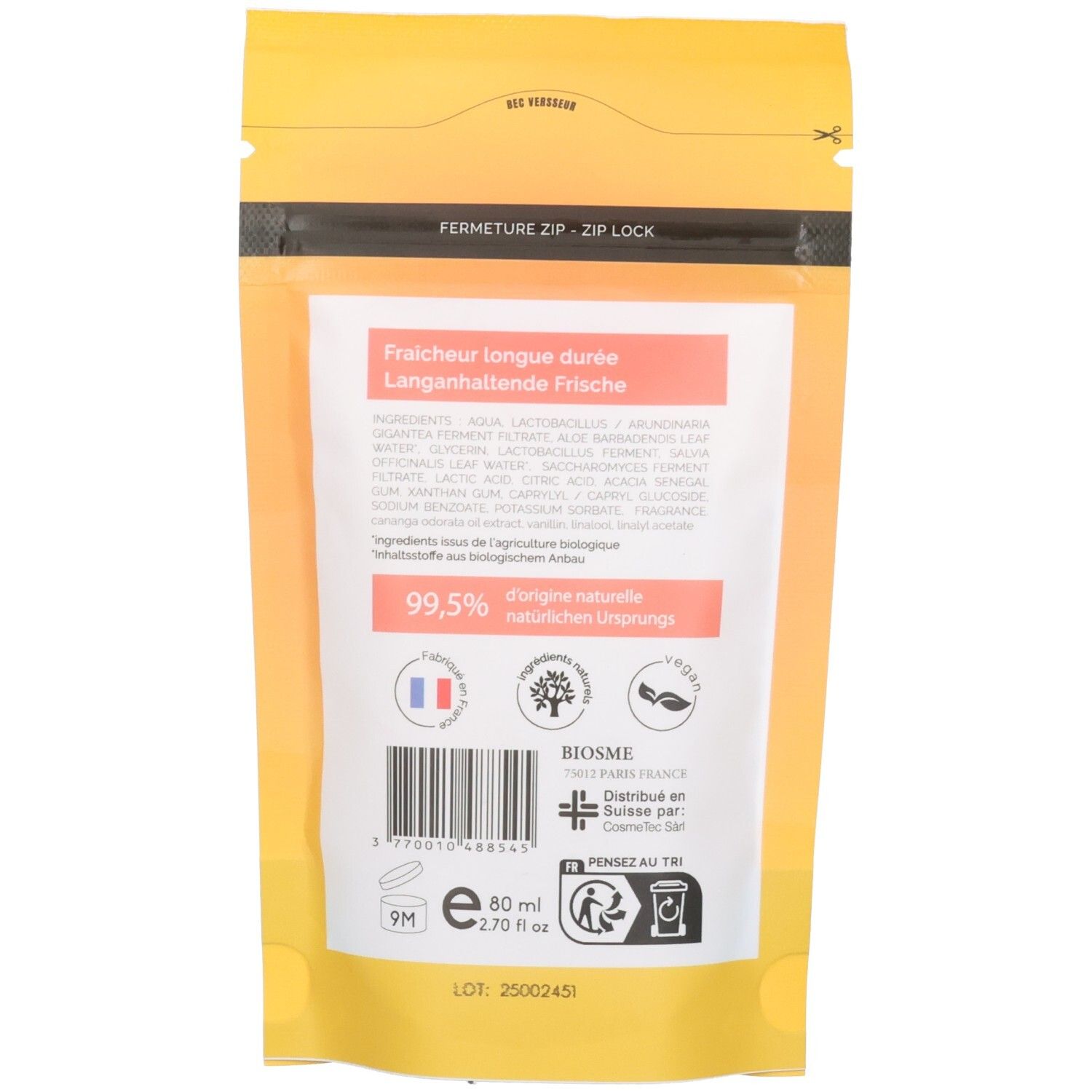 Gelbe Verpackung mit Zip-Lock-Verschluss. Enthält Inhaltsstoffe und 99,5% natürliche Herkunft.