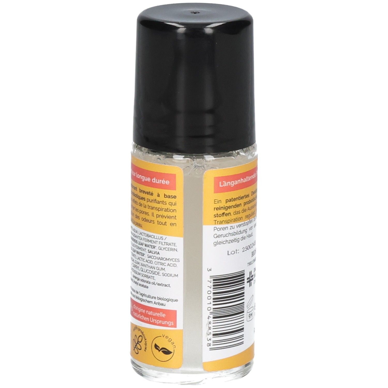Glasflasche mit schwarzem Roll-on-Applikator und Deckel. Enthält transparente Flüssigkeit. Mit Etiketten in Deutsch und Französisch.