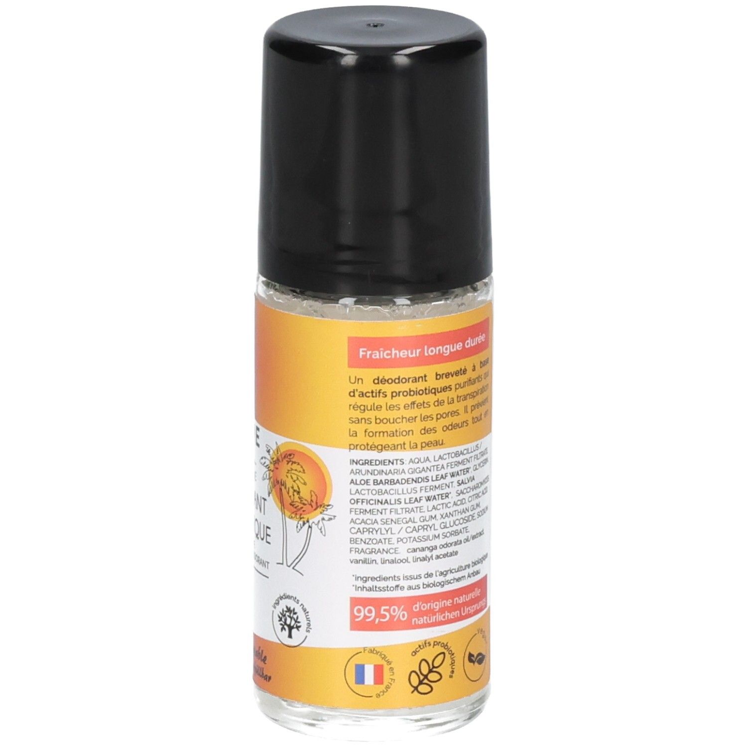 Roll-on Deodorant mit schwarzem Deckel. Gelbes Etikett mit Produktinformationen und Siegeln.