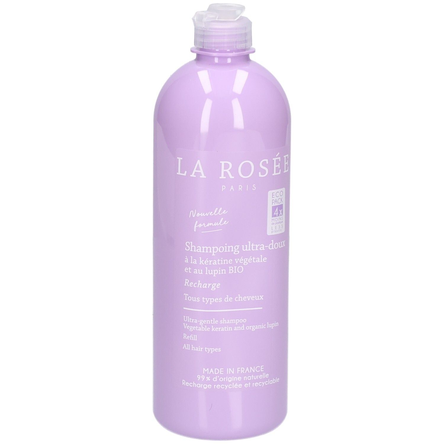 Lila Shampoo-Flasche mit Klappdeckel, 400 ml. "LA ROSEE PARIS" und Produktinformationen sind sichtbar.