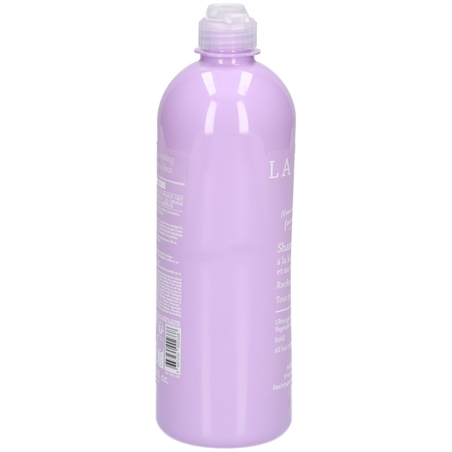 Lila Flasche mit weißem Aufsatz, 400ml. Beschriftung auf Französisch und Englisch.