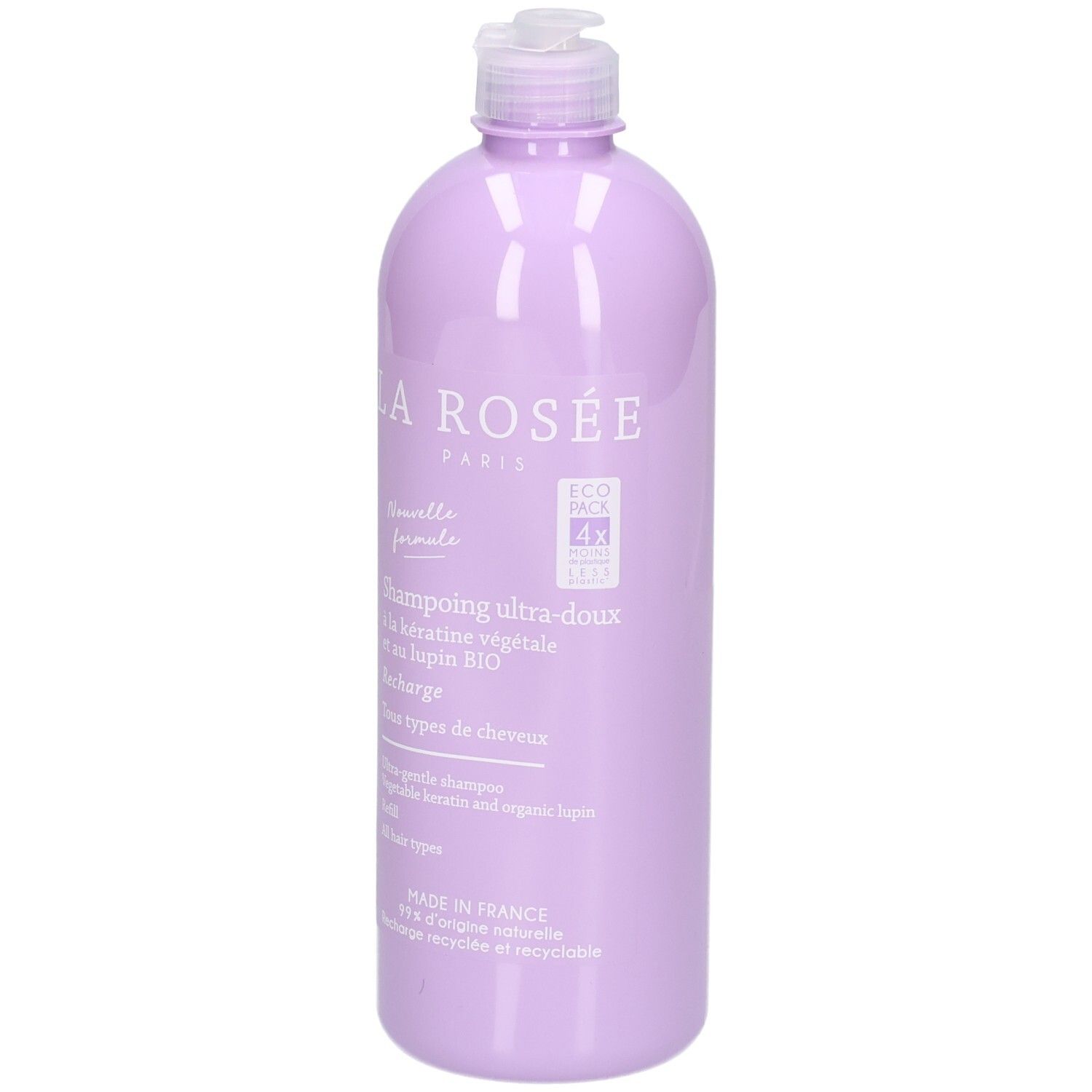 La Rosée Paris Ultra-Mild Shampoo Nachfüllpackung, lila Flasche mit Pumpspender.