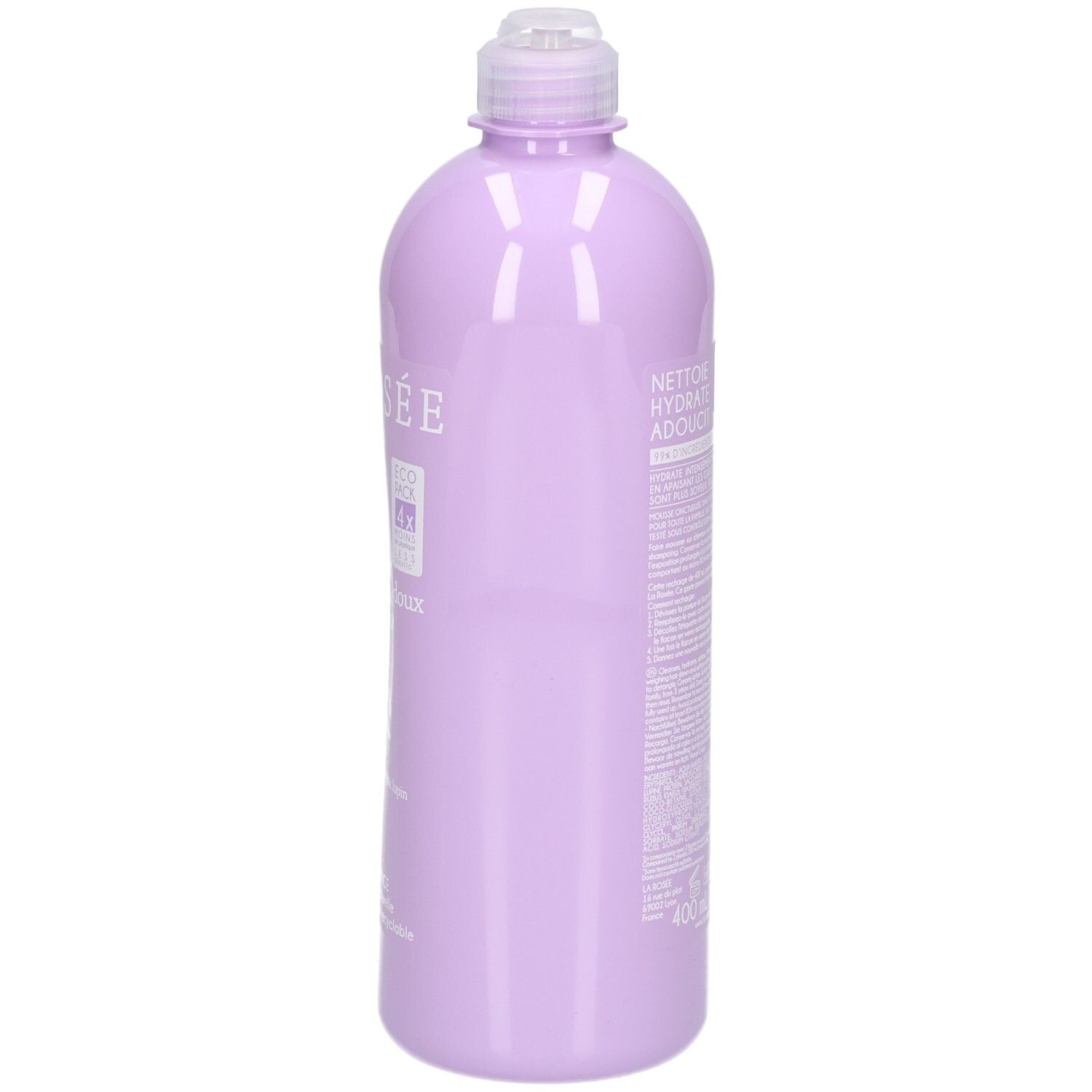 La Rosée Feuchtigkeitsspendender Entwirrender Conditioner Nachfüllpackung, 400ml. Weißer Tiegel mit lila Deckel.