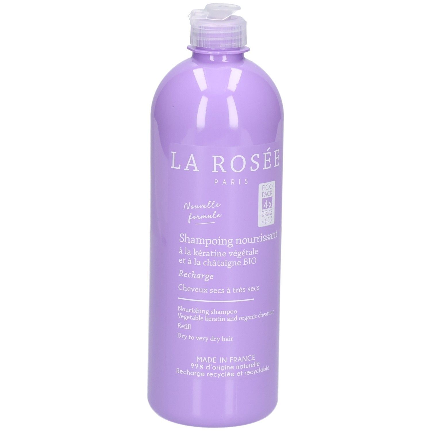 La Rosée Paris Nourishing Shampoo Nachfüllpackung, lila Flasche mit Pumpspender.