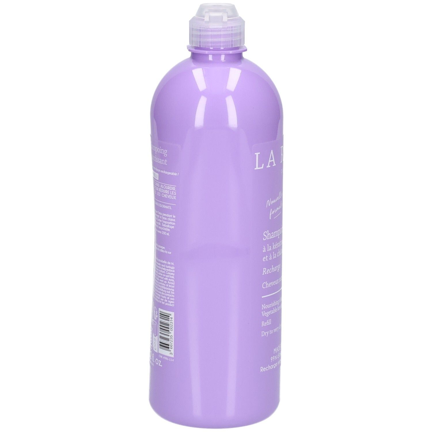 Weiße Box mit lila Akzenten, gefüllt mit Haarmaske. Etikett mit Produktinformationen, Inhaltsstoffen und dem Markennamen 'LA ROSEE'.