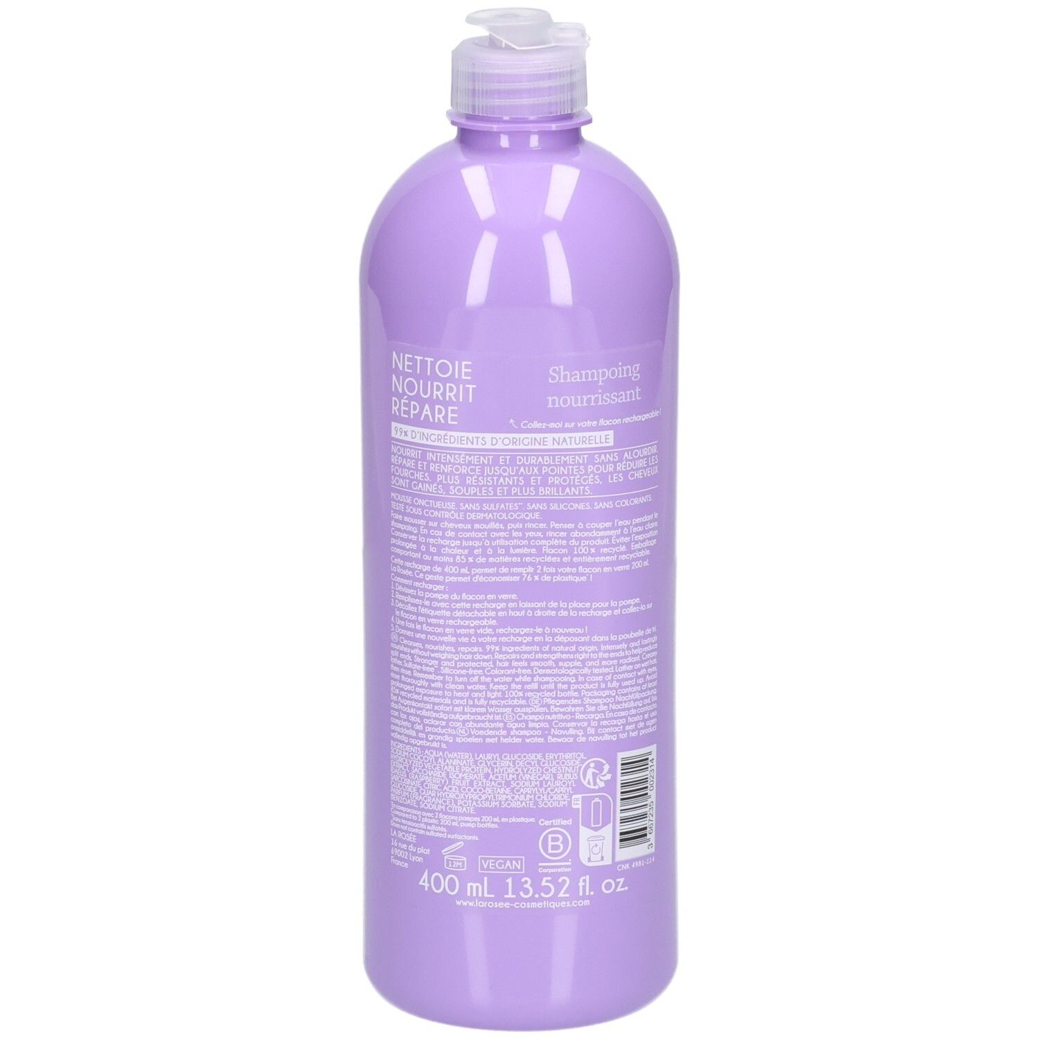 Lila Flasche mit weißem Klappverschluss, 400 ml, "Shampoing nourrissant".