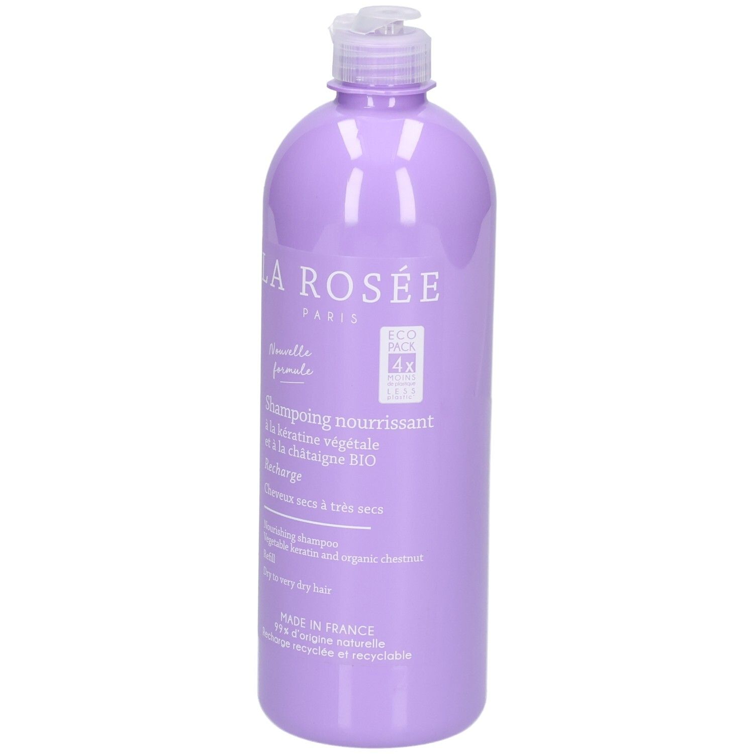 Lila Nachfüllflasche La Rosée Shampoo mit Pumpverschluss. Enthält pflanzliches Keratin und Bio-Kastanie.