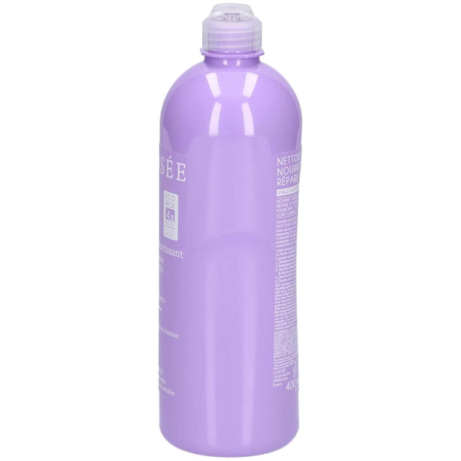Lila Flasche mit weißem Aufsatz, 400ml. Beschriftung auf Französisch und Englisch.