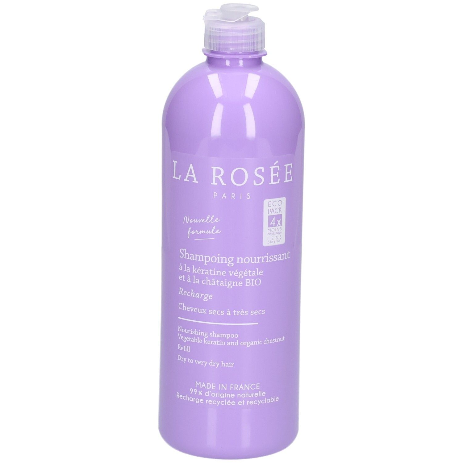 La Rosée Nährendes Shampoo Nachfüllpackung, 400ml. Lila Flasche mit weißem Pumpspender.