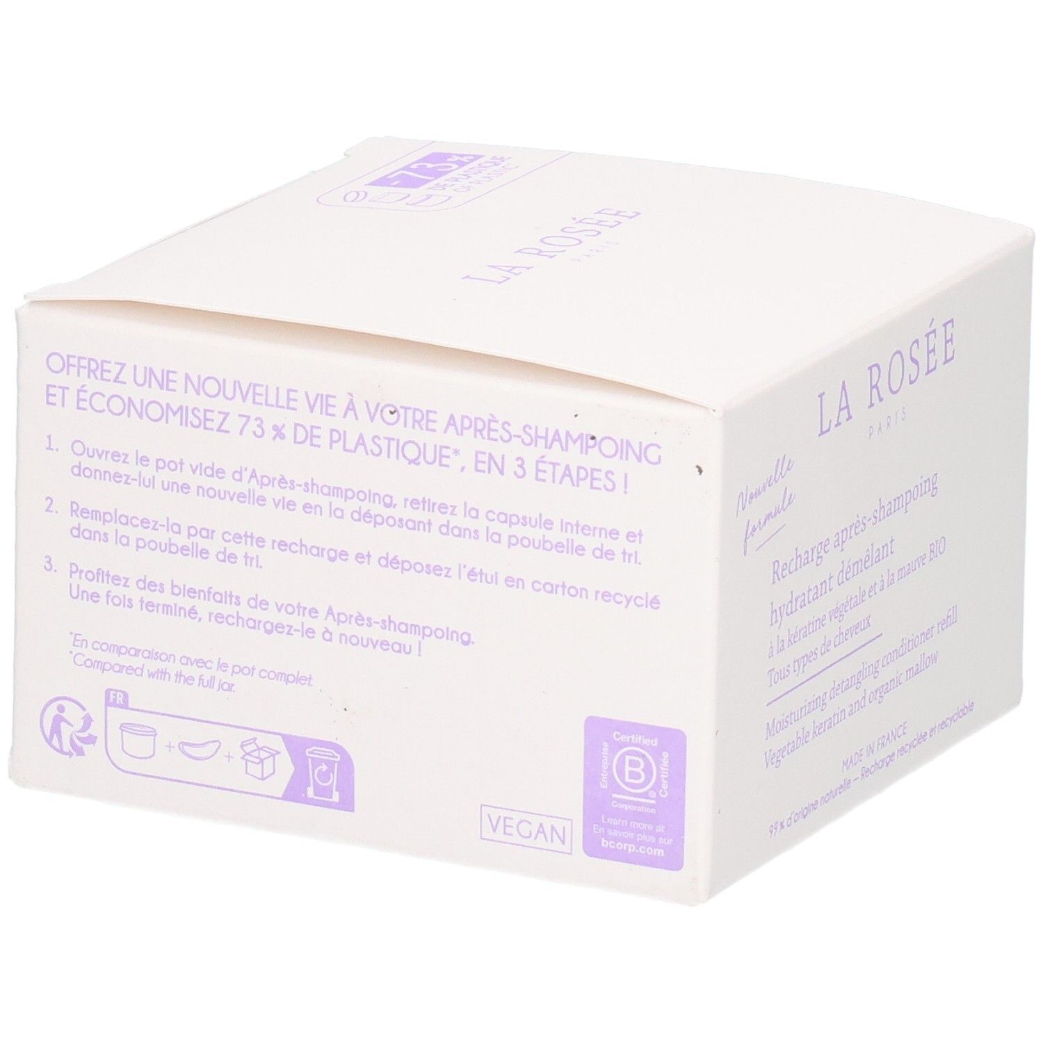 Weiße Verpackung mit lila Schrift, "LA ROSEE PARIS", "VEGAN".