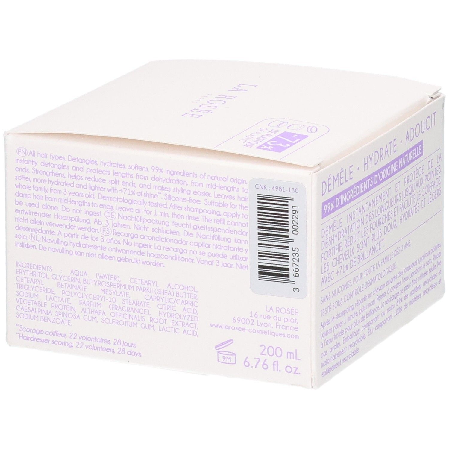 Weiße Pappschachtel mit lila Aufdruck, 200 ml Haarpflegeprodukt.