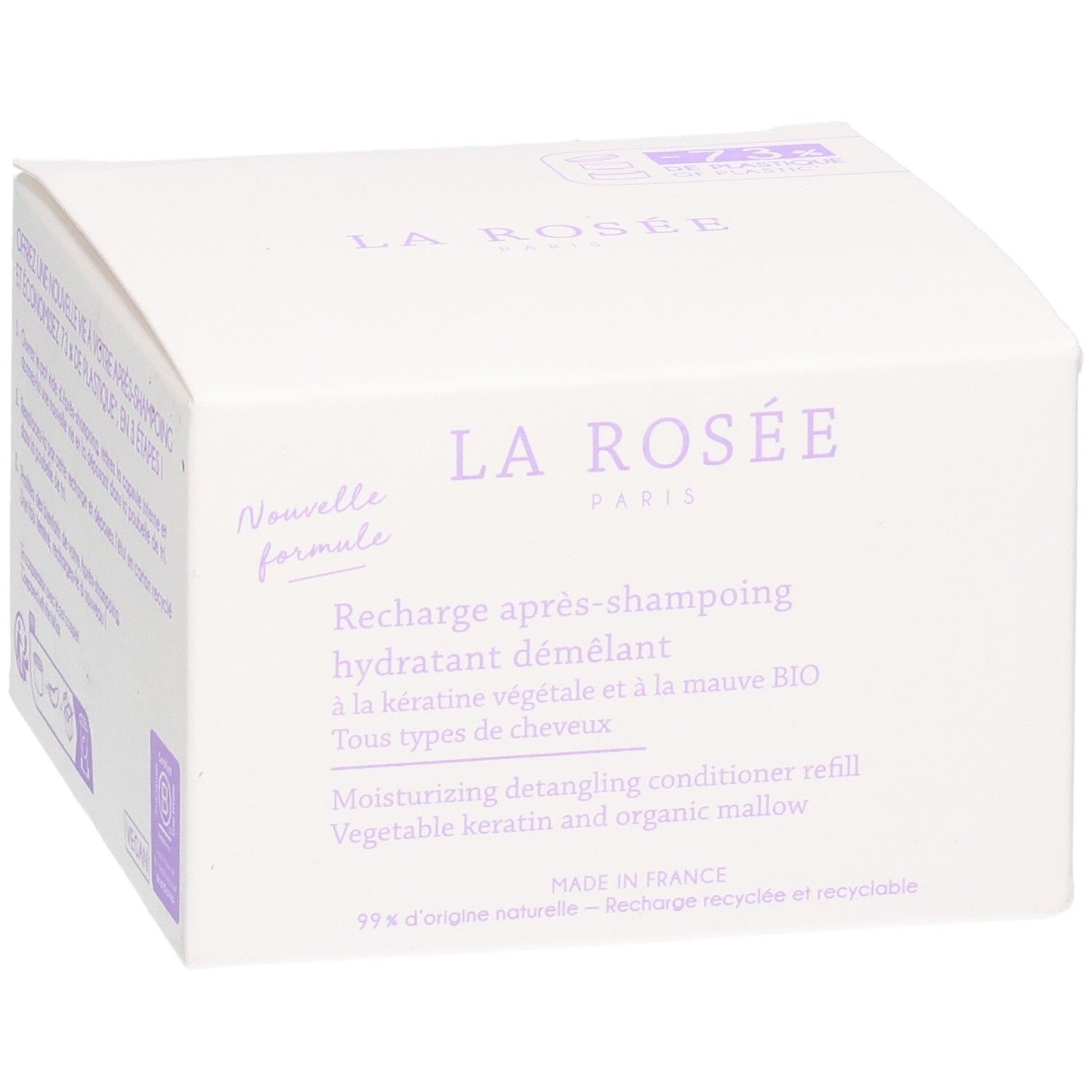 Weiße Nachfüllpackung für Conditioner, lila Akzente. Etikett mit Produktinformationen und dem Markennamen 'LA ROSEE'.