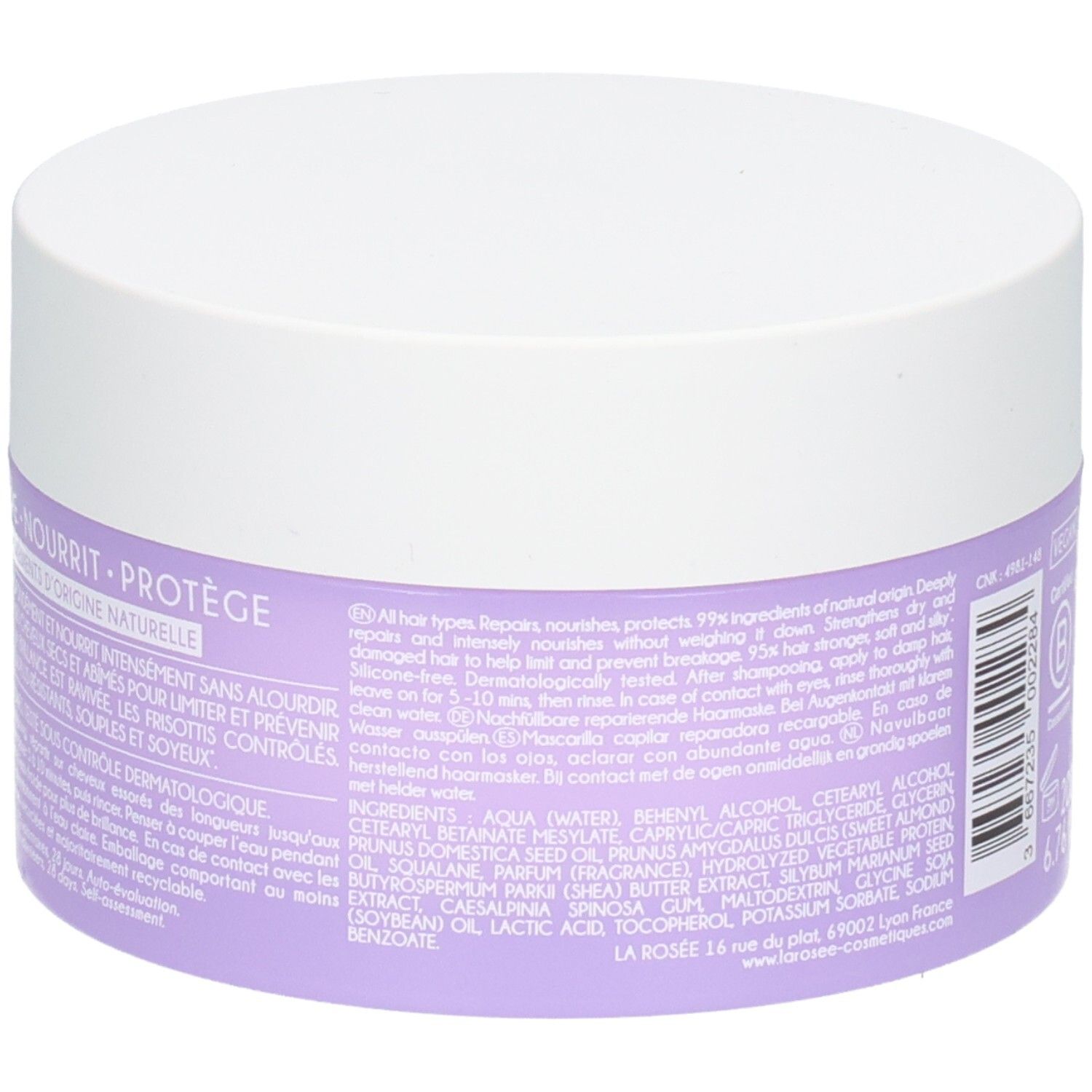 Weißer Tiegel La Rosée Haarkur. 200 ml. Mit Siegeln für vegan und ECO-CERT.