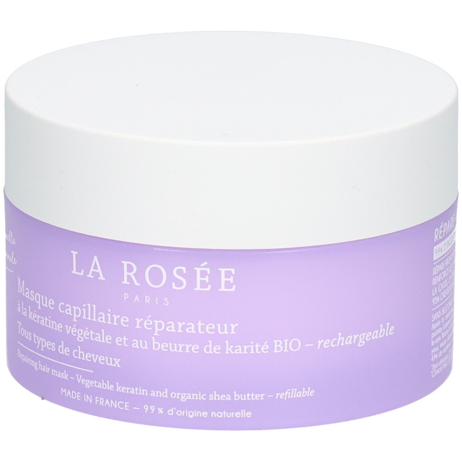 Lila Dose mit weißem Deckel, gefüllt mit Haarmaske. Etikett mit Produktinformationen und dem Markennamen 'LA ROSEE'.