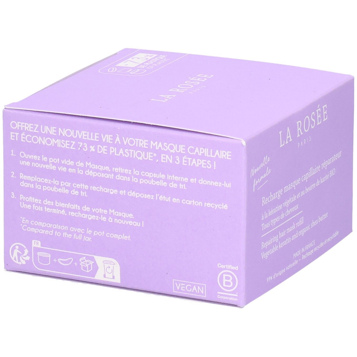 LA ROSEE Paris reparierende Haarmaske, Kartonverpackung, lila, mit Anwendungshinweisen.