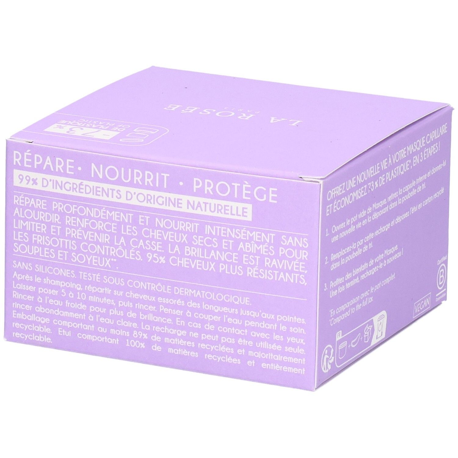 LA ROSEE Paris reparierende Haarmaske, Kartonverpackung, lila, mit Siegeln.