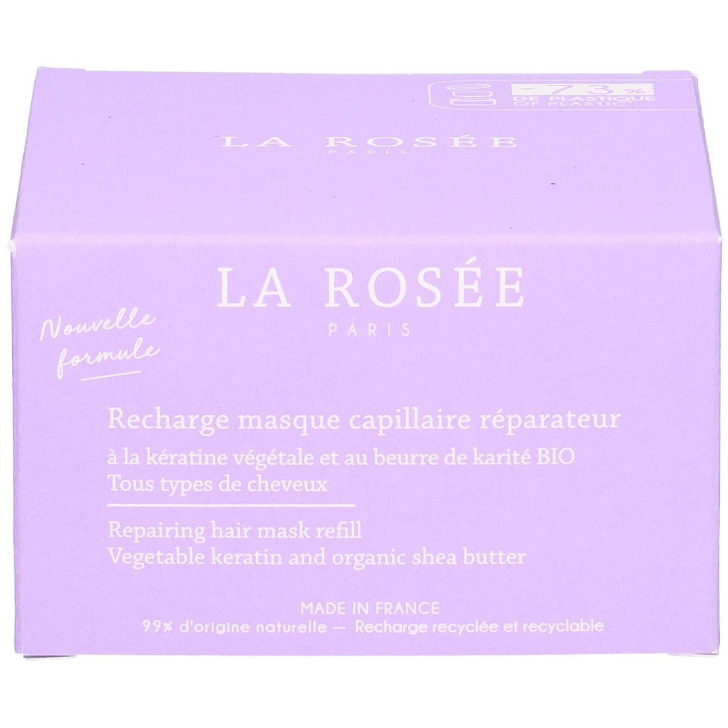 La Rosée Nachfüllpackung für reparierende Haarmaske in lila Karton. Enthält pflanzliche Keratin und Bio-Sheabutter.