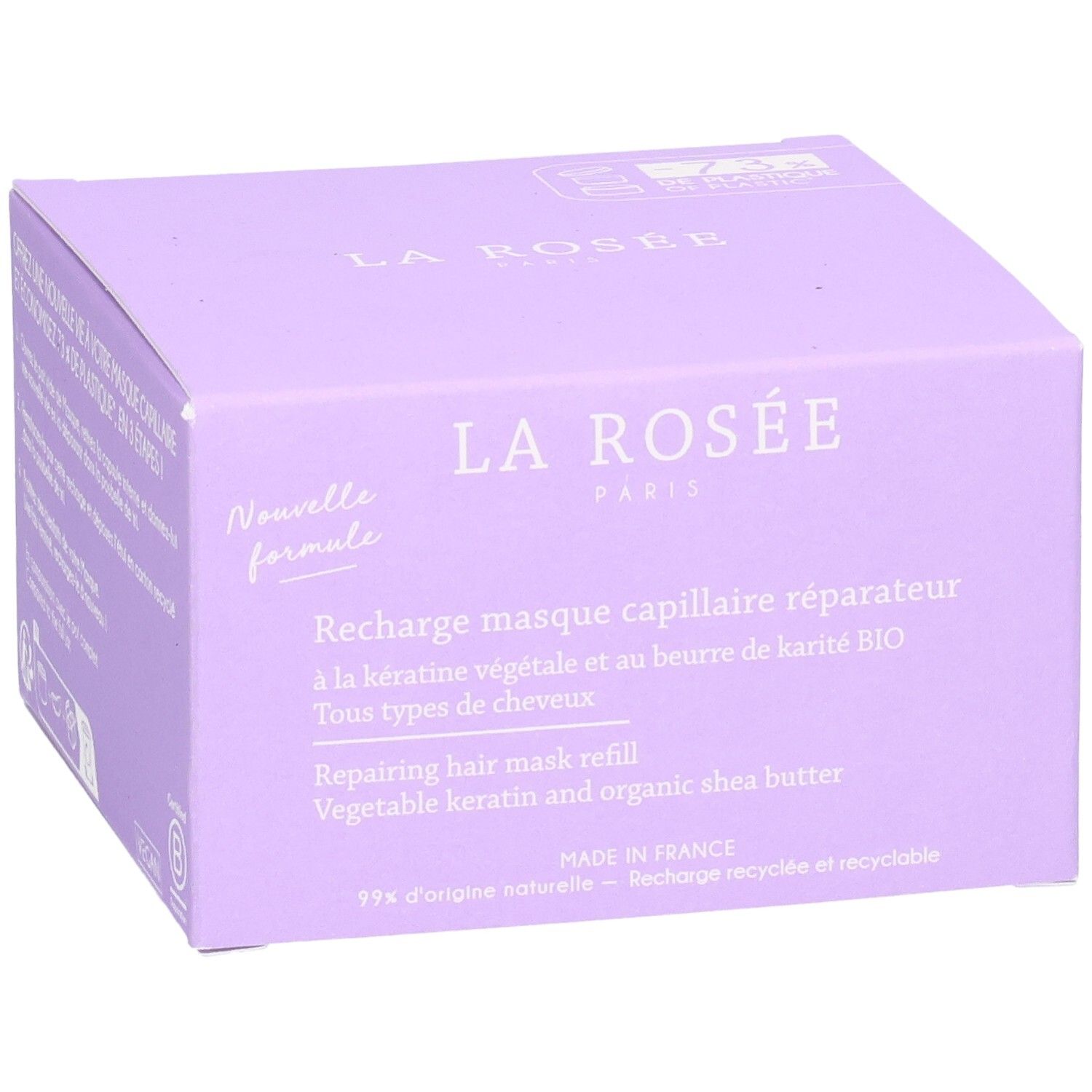 LA ROSEE Reparierende Haarmaske Nachfüllpackung in lila Kartonverpackung mit Textangaben.