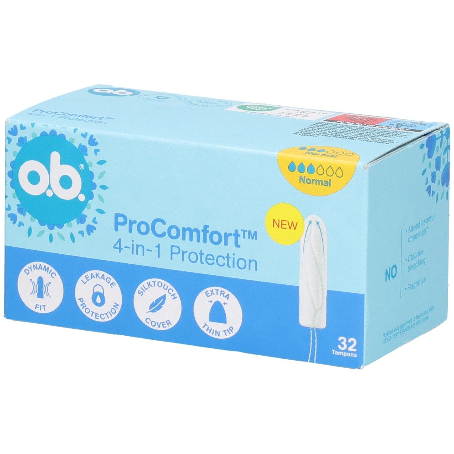 OB Tampons ProComfort Normal Packung mit 32 Stück. 4-in-1 Schutz mit dynamischer Passform und dünner Spitze.