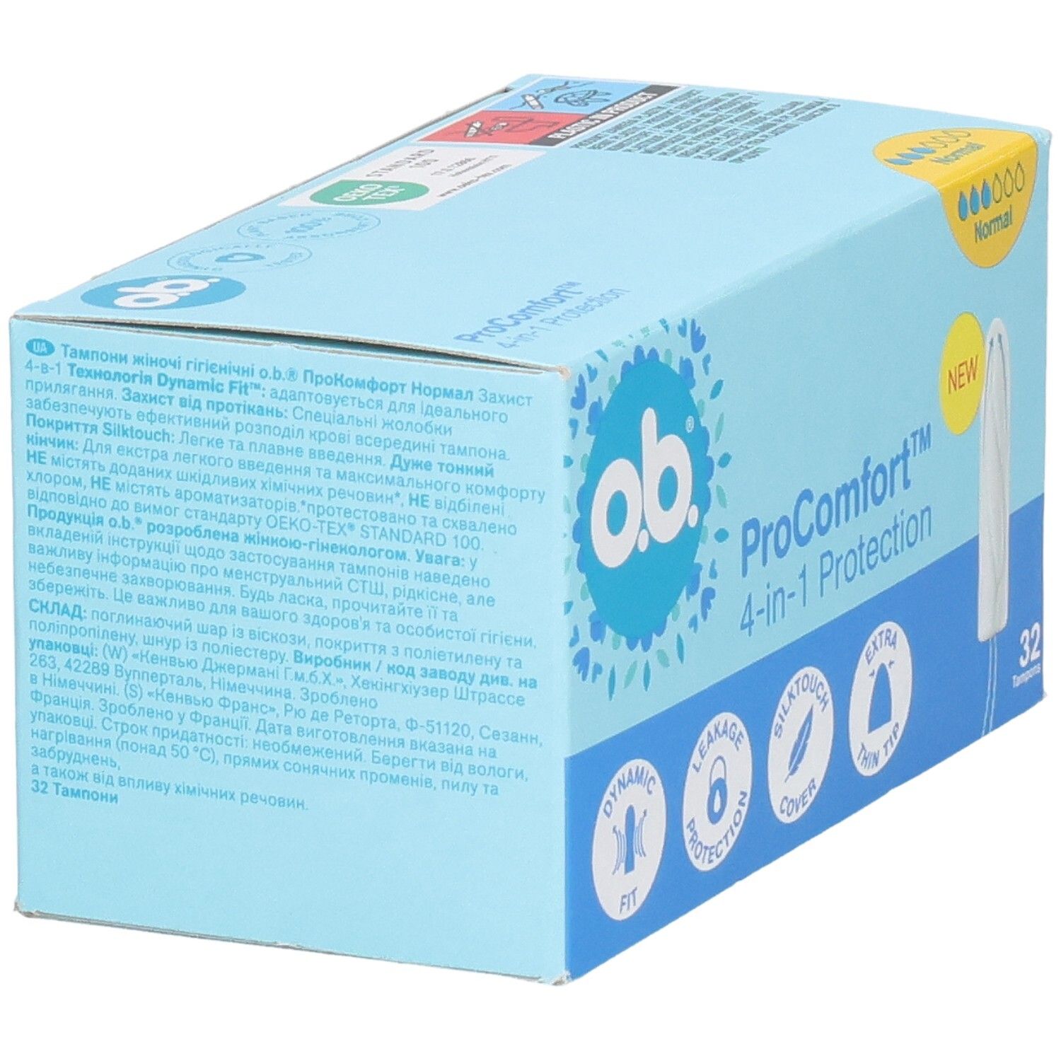 Rückseite der OB Tampons ProComfort Normal Packung mit 32 Stück. Enthält mehrsprachige Produktinformationen.