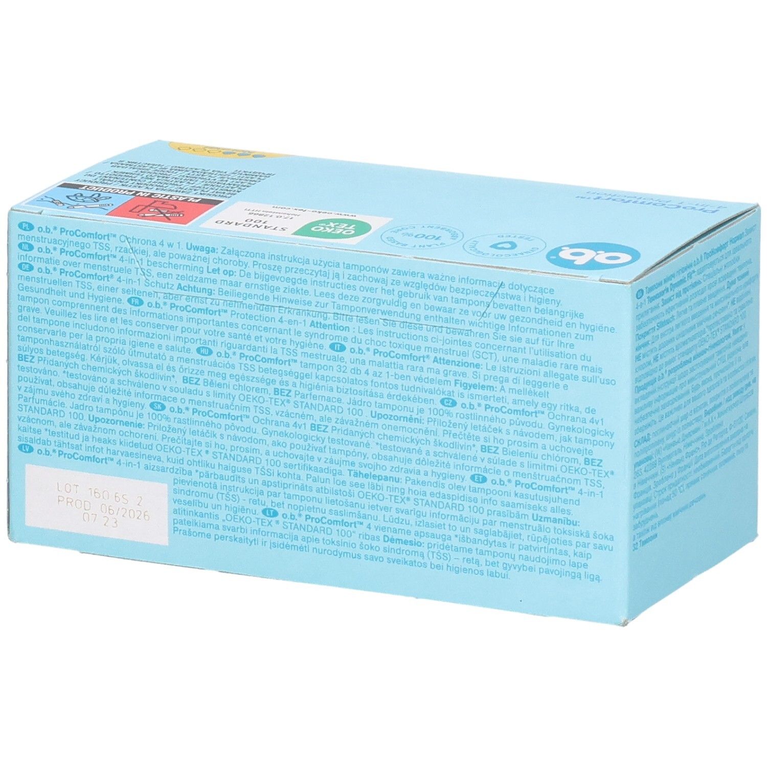 Seitenansicht der OB Tampons ProComfort Normal Packung. Zeigt OEKO-TEX STANDARD 100 Zertifizierung.