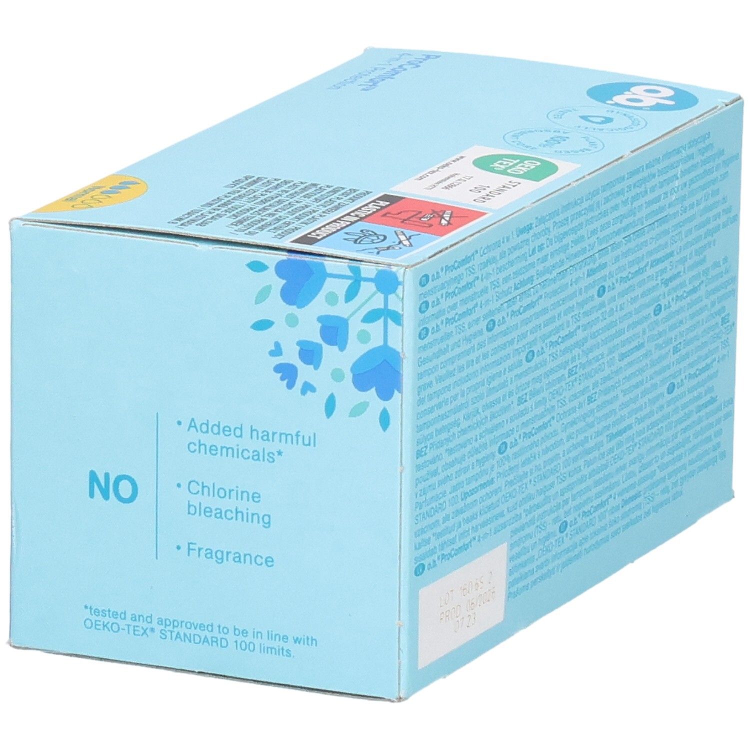 Seite der OB Tampons ProComfort Normal Packung. Bestätigt 'NO' schädliche Chemikalien, Chlorbleiche, Duft.